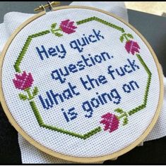 a cross stitch pattern with the words hey quick question what the f is going on