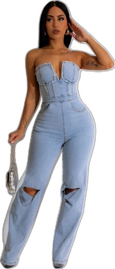 Trendy Denim V-neck Jumpsuits And Rompers, Trendy V-neck Denim Jumpsuit For Spring, Fitted V-neck Denim Jumpsuit For Summer, Casual Sleeveless Denim Jumpsuit For Party, Trendy Sleeveless Denim Jumpsuit For Night Out, Sleeveless Denim Jumpsuit For Spring Party, Spring Party Denim Sleeveless Jumpsuit, Trendy Denim Jumpsuit For Party, Summer Party Casual Denim Jumpsuit