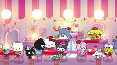 the hello kitty cafe is full of cute little kittens and other characters, all dressed up in their favorite outfits