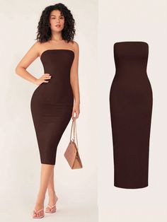 Women'S Strapless Slim Fit Bodycon Casual Dinner Dress Brown Elegant  Sleeveless Knitted Fabric Plain Bodycon Slight Stretch Spring Women Clothing, size features are:Bust: ,Length: ,Sleeve Length: Casual Dinner Dress, Shein Basics, Bodycon Casual, Dinner Dress, Elegant Dresses Long, Spring Women, Women Midi, Vestido Casual, Casual Dinner