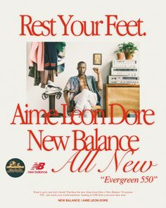 an advertisement for the new balance brand, featuring a man sitting on a chair in front of a dresser