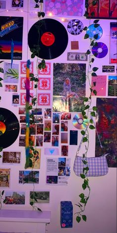 there is a wall covered with various records and plants hanging from the side of it