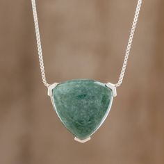 Carved from a piece of natural jade a curved triangular shape forms the pendant of this necklace from Guatemala. Nicte Migliozzi designs this lovely accessory cradling the stone with sterling silver. Jade Pendant Necklace, Necklace Elegant, Jade Necklace, Necklace Craft, Natural Jade, Jade Pendant, Jewelry Packaging, Jewelry Gift Box, Leggings Fashion