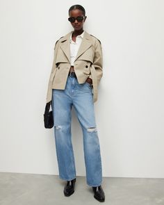 Cropped Trench Jacket, Cropped Trench Coat Outfit, Crop Trench Coat, Pleats Top, Shoulder Epaulettes, Neutral Outfits, Denim Trench Coat