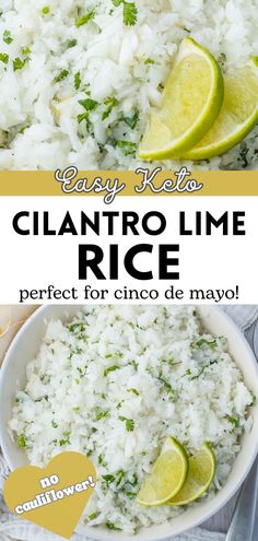 a close up of rice in a bowl with limes and cilantro on the side