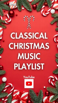 christmas music playlist with candy canes and candies around the corner, on a red background