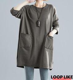 Color: Gray Size: S,M,L,XL,2XL,3XL Sleeve_length: Long Sleeve Sleeves_type: Dropped Shoulders Fit: Loose Laundry_guide: Machine Wash Skirt_length: Midi Hem_type: Stitching Hem Collar/neckline: Crew Neck Material: Cotton Mix Design_elements: Asymmetrical Opportunity: Leisure Season: Fall/autumn Winter Spring Style: Casual SIZE CHART Size Length Bust cm cm M 78 110 L 79 118 XL 80 124 XXL 81 136 3XL 82 150 Spring Style, Pure Color, Raw Edge, Gray Dress, Fall Autumn, Skirt Length, Patch Pocket, Sleeve Dress, Design Elements