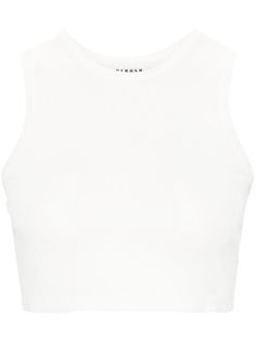 white knitted construction fine knit crew neck sleeveless cropped straight hem White Seamless Crew Neck Tank Top, Fitted Cotton Cropped Hem Tank Top, White Fitted Crop Top, White Cropped Stretch Tank Top, Basic White Cropped Tank Top, White Cropped Hem Top For Summer, White Fitted Slightly Cropped Tops, White Fitted Crop Top With Cropped Hem, Fitted White Cropped Top