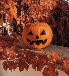 a carved pumpkin sitting on top of a cement slab next to leaves and trees in the background