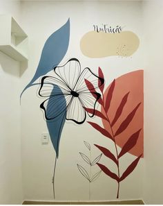 a painting on the wall with flowers and leaves painted on it's side by itself