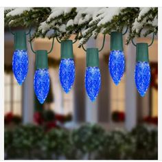 christmas lights hanging from a tree in the snow