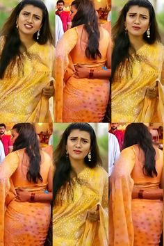 many different pictures of a woman in yellow sari