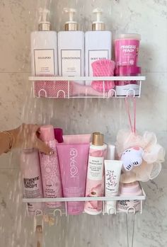 two white shelves holding different types of personal care products