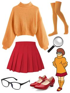 an orange sweater and red skirt are outfitted with glasses, a pair of high heeled shoes