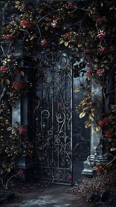 an ornate iron gate with red roses on it and leaves growing over the door frame