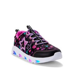 Athletic Works Light Sneakers With Sparkly Purple Laces. Black, Pink And Purple. Free Gift With Purchase. Playful Black Low-top Sneakers, Cute Purple Sneakers For School, Purple Low-top Sneakers For School, Black And White Jordans, Slide On Sneakers, Black Athletic Shoes, Light Up Sneakers, Light Sneakers, Cat Shoes