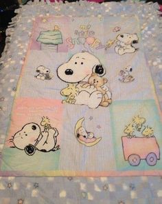 a baby blanket with snoopy and his friends on it