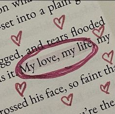 a close up of a piece of paper with words written on it and hearts in the background