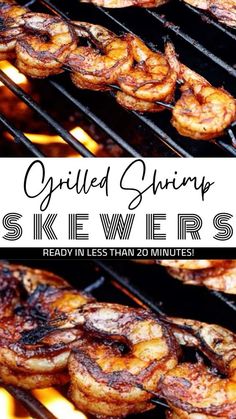 grilled shrimp skewers on the grill with text overlay