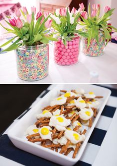 two pictures with flowers in vases and some food on the table next to each other