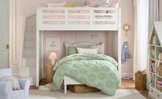 a child's bedroom with pink walls and white bunk bed, green bedspread