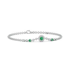 A round emerald is encircled by a halo of diamonds and linked to bezel-set emerald and diamond accents on this elegant bracelet. The milgrain detailing completes the old world charm of this 14k white gold vintage style bracelet. Rose Gold Fashion, Emerald Bracelet, Elegant Bracelet, Fine Jewelry Bracelets, Old World Charm, Bezel Setting, Old World, Fashion Bracelets, The Old