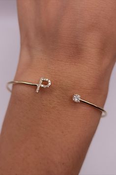 Real Moissanite Round Cut Diamond With 14K Real Solid Gold Bracelet For Her, Bracelet Initial, Open Cuff Bracelet, Gold Armband, Letter Bracelet, Bracelets Gold Diamond, Gold Diamond Earrings, Initial Bracelet, Gold Initial