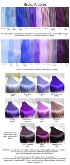 I think I like the dark lavender. Might be a good color to start with next summer. Hair Dye Chart, Shades Of Purple Hair, Purple Hair Dye, Dark Lavender, Hair Dyes, Lilac Hair, Lavender Hair