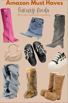 several different types of shoes and boots with text overlay that reads amazon must haves luxury finds