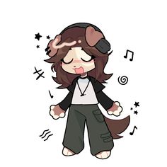 a cartoon character with headphones and music notes around her ears, standing in front of a white background