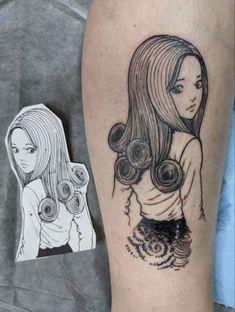 a woman with long hair and curls on her arm is shown next to a tattoo