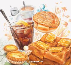 a painting of pastries and coffee on a table with other food items in the background