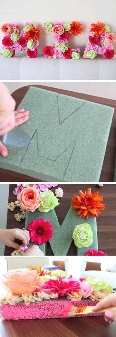 flowers are being made with crochet yarn and then placed on top of the table