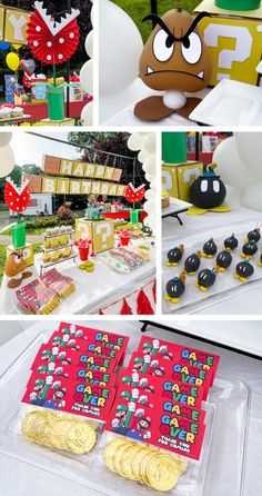 a collage of photos with mario and luigi themed items on display at a birthday party