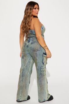 Available In Denim. Denim Jumpsuit Tube Button Down Cargo Pockets Wide Leg Non Stretch Inseam= 33" Disclaimer: Due To The Specialized Wash Process, Each Garment Is Unique. 100% Cotton Imported | Loosing Touch Denim Jumpsuit size 2X by Fashion Nova Fitted Acid Wash Jeans With Pockets, Fitted Denim Blue Washed Cargo Jeans, High Rise Washed Denim Blue Jumpsuit, Denim Jumpsuit, Denim Fashion, Fashion Nova, Wide Leg, Jumpsuit, Size Medium