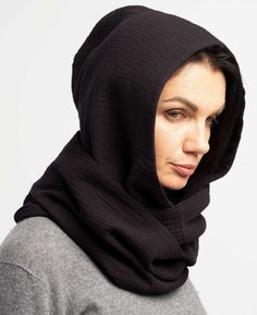 Organic Natural 4-layer Muslin cotton Large Wrap Scarf Hood. Organic gauze cotton is soft and not itchy. Black Hood Cowl Scarf is alternative to a hat. Material - 100 % cotton. Size: One size fits all. Easy to wear, protects your neck, head and shoulders against sun and cold. It is made from fine, soft and natural cotton. Elegant and sportive: great for for daily comfort. It's a great choice if you love natural products. Perfect as a gift! Produce time is about 1-5 days. If you have any question Scarf Hood, Scarves Store, Cowl Hood, Black Hood, Hijab Scarf, Hooded Scarf, Handmade Scarves, Head & Shoulders, Cowl Scarf