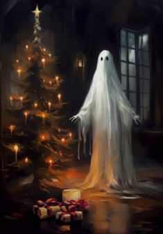 a painting of a ghost next to a christmas tree