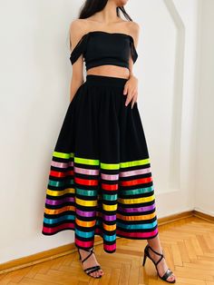 This stylish handmade skirt with colored stripes, suitable for any occasion, can be ordered in any color and size you want, has a hidden zipper and no lining. The length of this skirt can be as you wish and its size can be ordered from children to adults. Just give me the size of the waist and the length of the skirt. You can add the top you see in the picture to your order, which has a separate cost. processing time and shipping preparation and pack your order it can take me 3_5 days . please make sure the your address is up to date and accurate .  If you would like express shipping please add the upgrade during check out .  NO RETURN S OR EXCHANGES  unless I have made mistake with the size or if the costume is not same as pictured , please check carefully all measurement before making a Bohemian Multicolor Skirt For Fiesta, Multicolor Bohemian Skirt For Fiesta, Traditional Multicolor Maxi Skirt, Cotton Long Skirt For Party, Multicolor Maxi Length Skirt For Party, Striped Long Flowy Skirt, Striped Flowy Long Skirt, Multicolor Flared Maxi Skirt For Party, Multicolor Maxi Dress With Lined Skirt