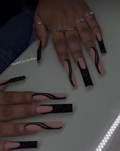 Half Black And White Nails, Black Nails Acrylic Prom, Xl Long Acrylic Nails Black, Black Nail Set Long, Black Blinged Out Nails, Long Black Nail Designs, Black Nails Prom, Full Set Nails Acrylic, Black French Tip Acrylic Nails