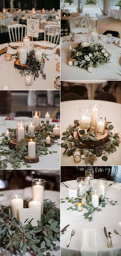 the table is decorated with candles and greenery