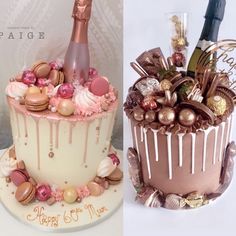 two cakes decorated with champagne and chocolates