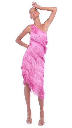 FRINGE ONE SHOULDER DRESS – Candy Pink – Norma Kamali Cocktail Midi Dress With Fringe, Party Dress With Fringe And Asymmetrical Hem, Fringe Dress With Asymmetrical Hem For Party, Summer Dresses With Fringe And Asymmetrical Hem, Summer Fringe Dress With Asymmetrical Hem, Costume Inspirations, Spring 2023 Ready To Wear, 2023 Ready To Wear Collection, Mannequin Dress