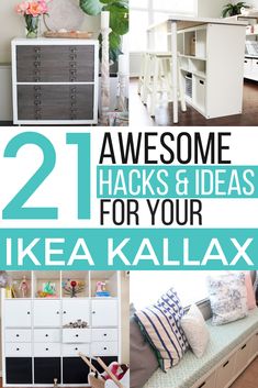 there are many different types of furniture in this collage with the words 21 awesome hacks and ideas for your ikea kallax