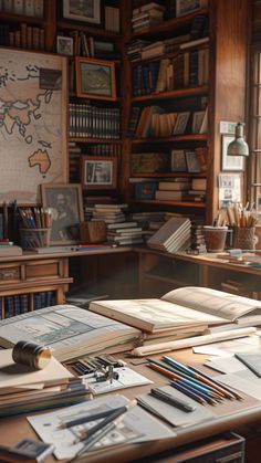 a desk with lots of books and papers on it