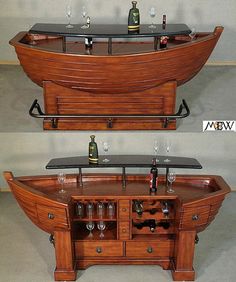 two pictures of a boat shaped table with wine glasses and bottles on the bottom shelf