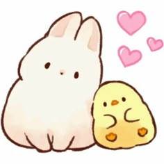 a white rabbit and a cookie are next to each other with hearts flying above them