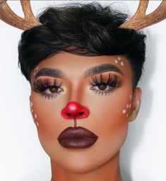 Rudolph Makeup Kids, Christmas Creative Makeup Looks, Xmas Makeup Ideas, Rudolph Makeup Reindeer, Rudolph Makeup, December Makeup, Christmas Elf Makeup