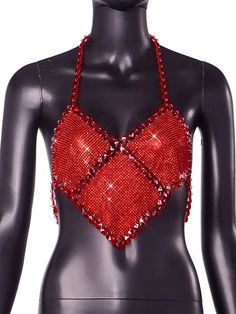 Red rhinestone embellished top. Glamorous Red Sequin Top, Glamorous Red Top For Party, Crystal Embellished Tops For Night Out In Summer, Red Embellished Fitted Tops, Glamorous Red Summer Top, Summer Night Out Tops With Bling, Glamorous Fitted Tops With Rhinestone Fringe, Fitted Bling Tops For Night Out, Shrek Rave