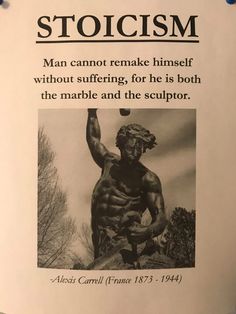 a sign with an image of a man holding a tennis ball in his right hand and the words stoicism above it