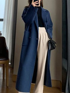 Stylishe Winter Long Coat Women Navy Blue Belt Faux Wool Office Oversized Coats Autumn Korean Navy Long Coat Outfit, Navy Blue Coat Outfit, Blue Coat Outfit, Colorfull Style, Dark Blue Coat, Winter Long Coat, Navy Blue Outfit, Long Coat Outfit, Long Winter Coats Women